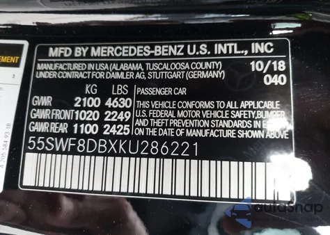 2019 Mercedes-Benz C 300 из США, поврежденный, VIN 55SWF8DBXKU286221